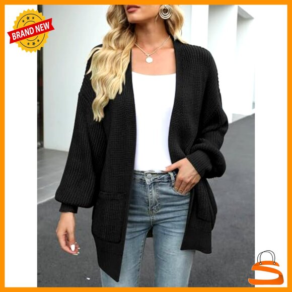 Chunky Knit Cardigan Oversized Lantern Sleeve Open Front Sweater with Pockets - Picture 3 of 7